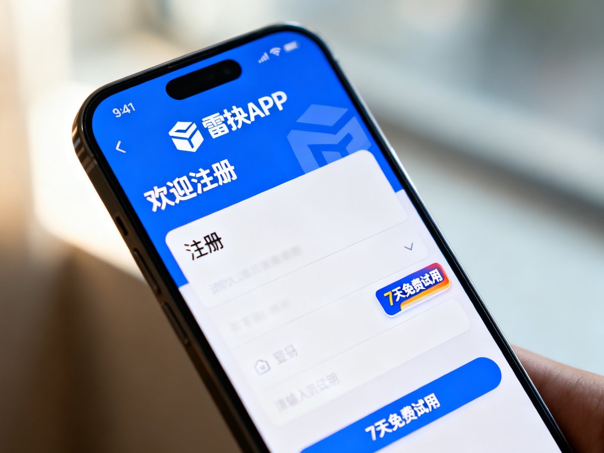 一部智能手机屏幕显示雷竞技APP的欢迎注册界面，背景虚化处理，突出手机屏幕上清晰的注册表单和7天免费试用标识